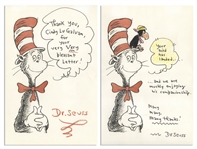 Pair of Dr. Seuss Autograph Letters Signed on Cat in the Hat Stationery -- Including One Where Dr. Seuss Draws a Crow, Sitting on the Cats Hat